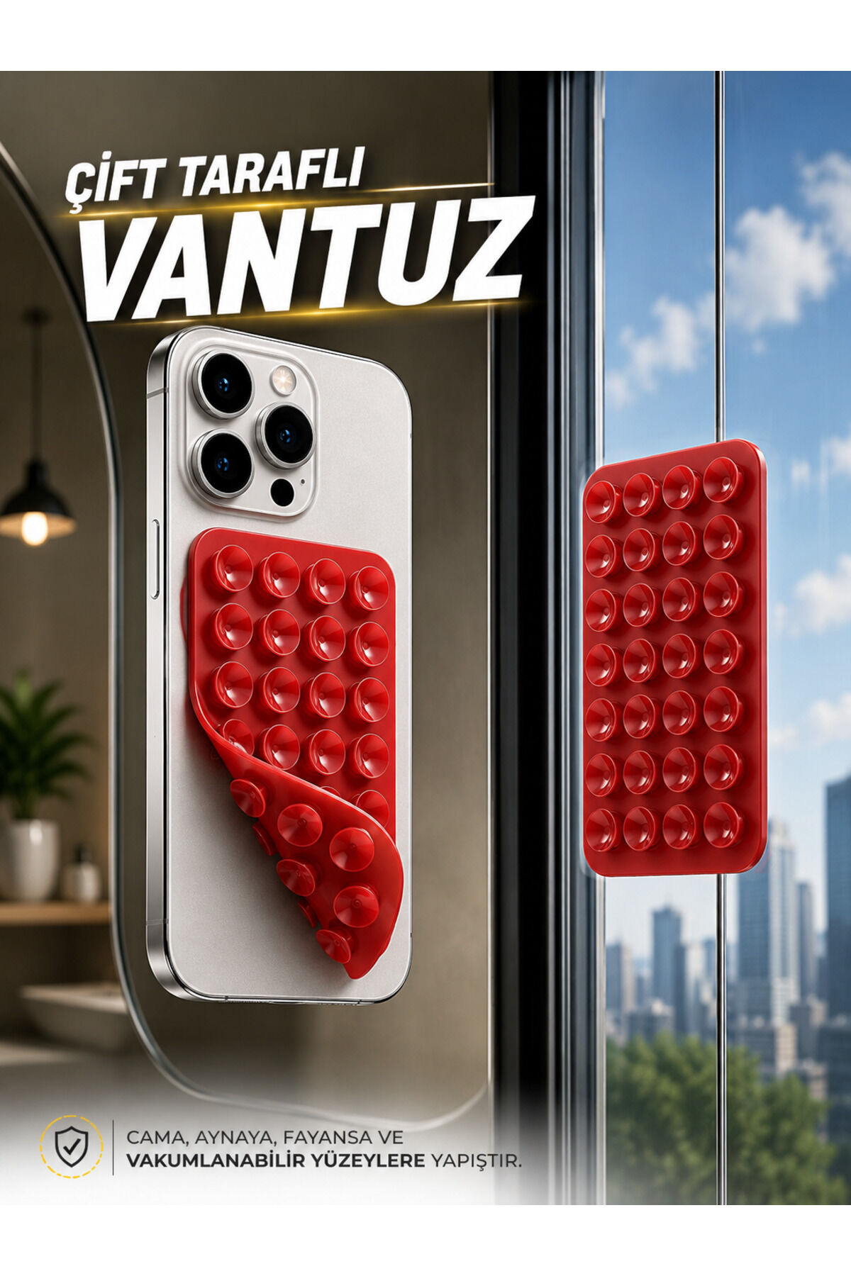 Slikon Çift Taraflı Vantuz Telefon Tutucu Vakum,Cama Yapışan Çift Taraflı Kırmızı