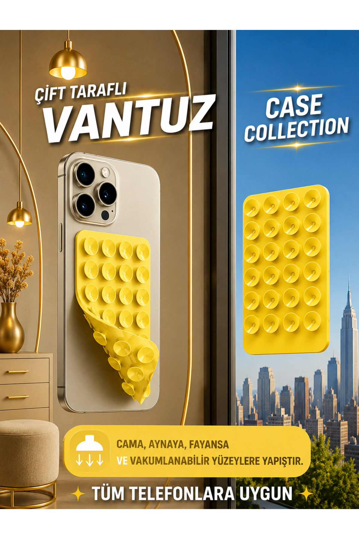 Slikon Çift Taraflı Vantuz Telefon Tutucu Vakum,Cama Yapışan Çift Taraflı Sarı