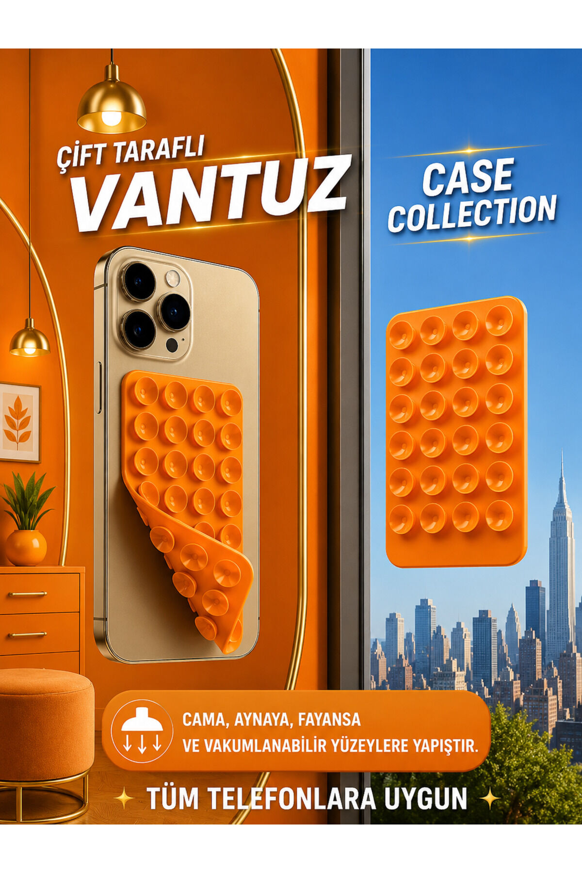Slikon Çift Taraflı Vantuz Telefon Tutucu Vakum,Cama Yapışan Çift Taraflı Turuncu