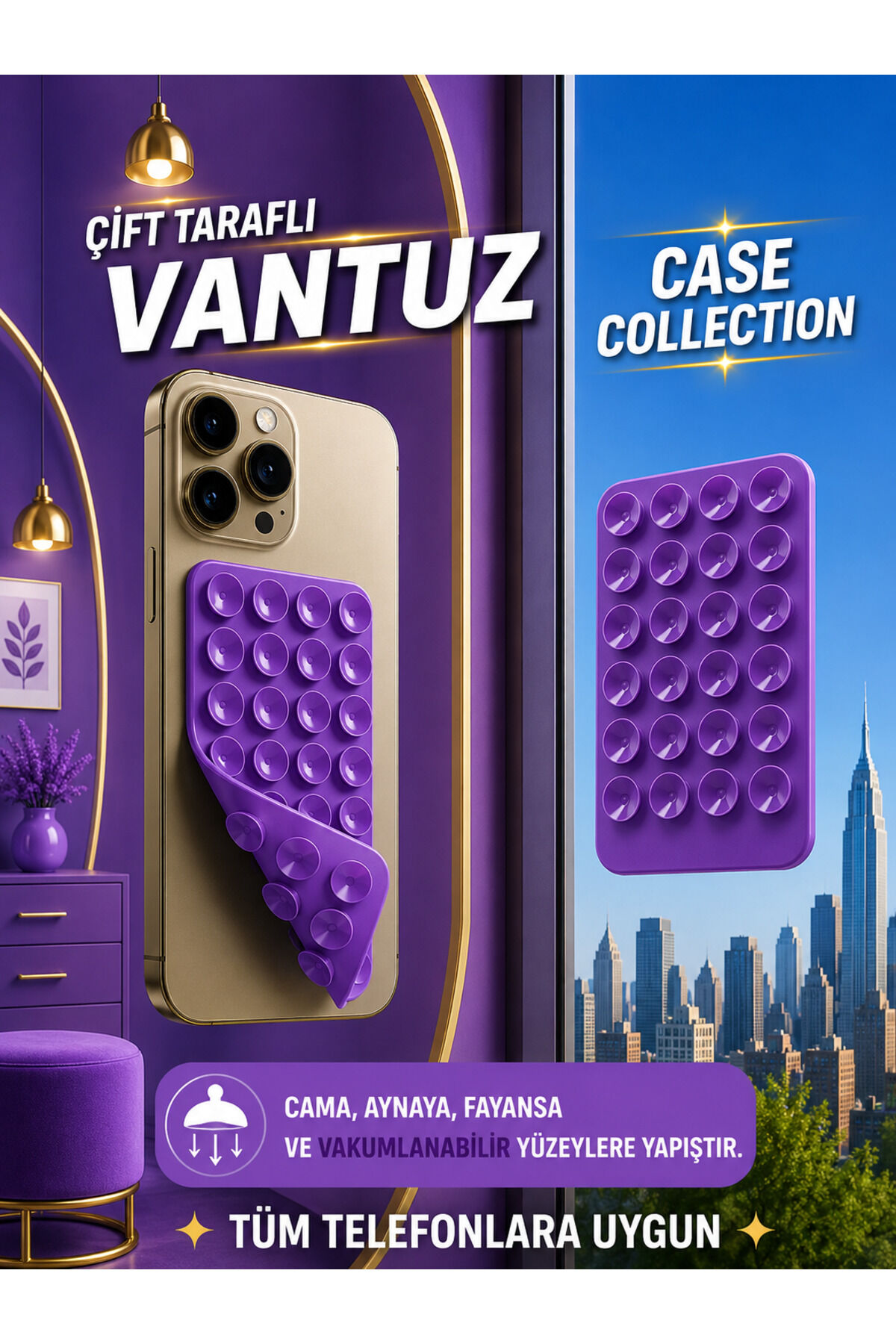Slikon Çift Taraflı Vantuz Telefon Tutucu Vakum,Cama Yapışan Çift Taraflı Mor
