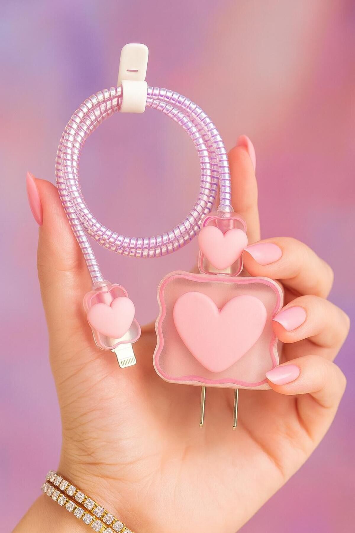 İPhone 18/20/25 W Şarj Cihazı Uyumlu Kablo Koruyucu Başlık Koruma Set Halinde Sevimli Figürlü Pink
